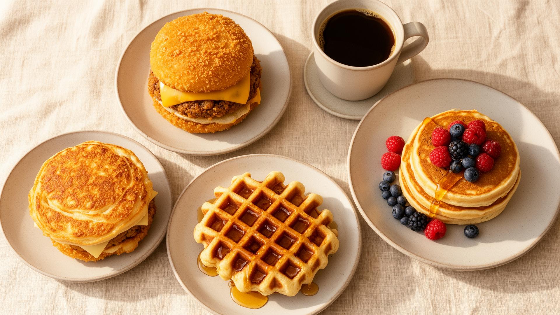 Brunch spread with smash burger, chicken waffle, pancakes and coffee